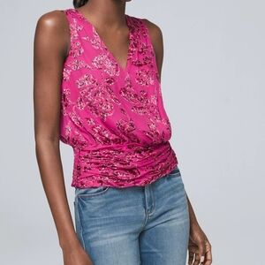 WHBM Silk Burnout Floral Surplice Blouse size M Pink Fushcia Chic Coastal Luxe